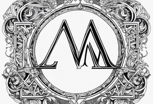 Intricate letter M, the number 4, Libra symbol, and two interlocking Mars symbols tattoo idea