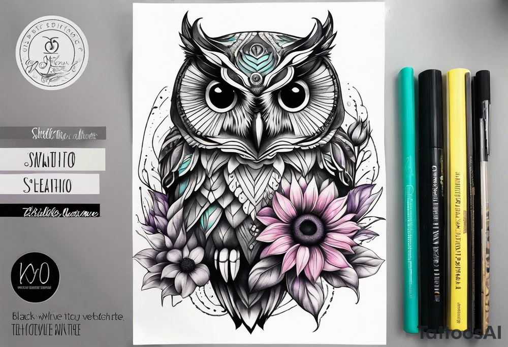 Black and white owl shaded teal, pink and purple surrounded by yellow sunflowers sleeve tattoo idea