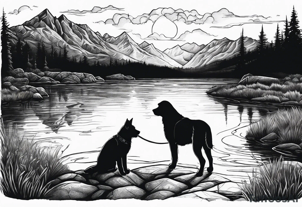 nature, sunset, mountains, a father and son hiking with their dog and cat by the water tattoo idea