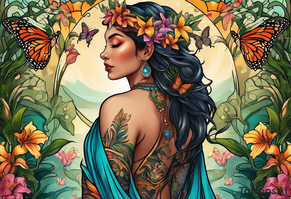 Forward-facing, portrait full length of Hispanic creation goddess standing upright.  Butterflies in background. Lillies near her feet with colorful vegetation. tattoo idea