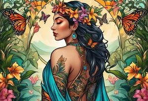 Forward-facing, portrait full length of Hispanic creation goddess standing upright.  Butterflies in background. Lillies near her feet with colorful vegetation. tattoo idea
