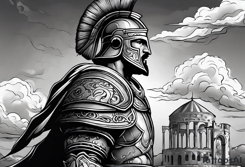 Romain Gladiator full sleeve right arm. Can have Roman buildings, sunset, clouds, fire (no animals) tattoo idea