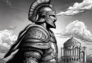 Romain Gladiator full sleeve right arm. Can have Roman buildings, sunset, clouds, fire (no animals) tattoo idea