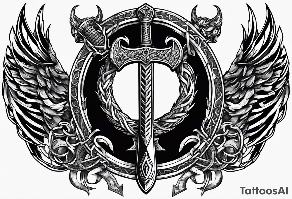 Valhalla sword shield dragon axe Valknut barbed wire chains tattoo idea