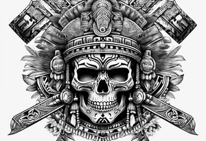 Aztec warrior skull with aztec symbols and weapons and tiger tattoo idea