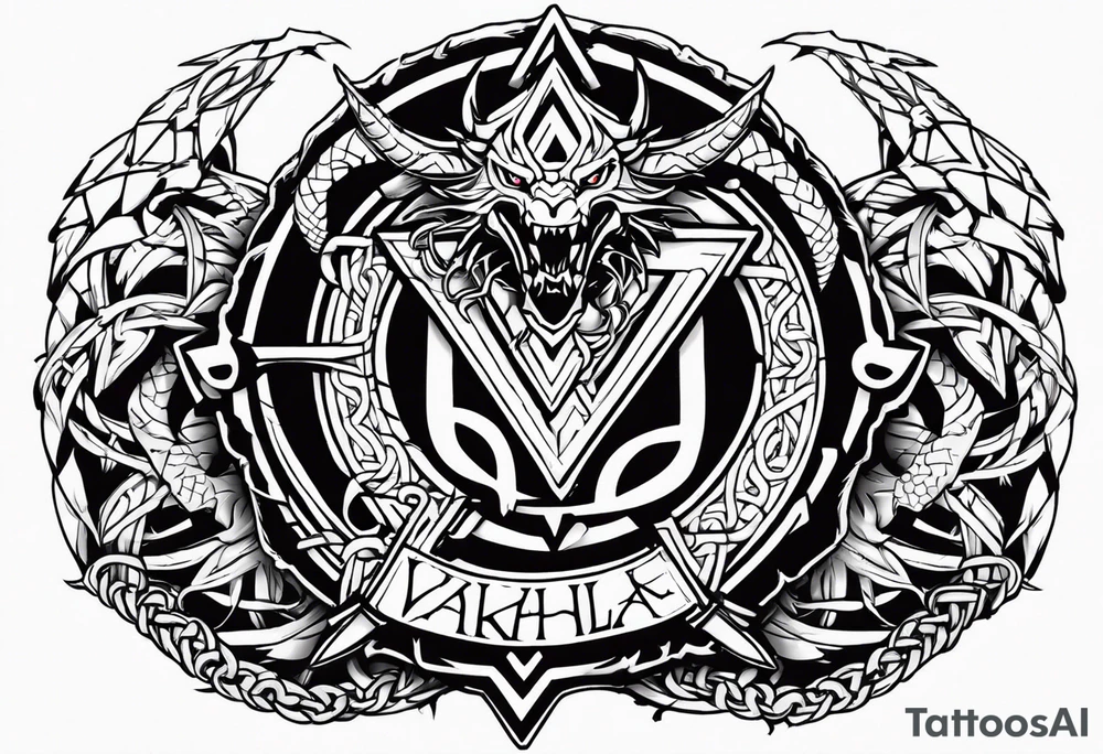 Valhalla sword shield dragon axe Valknut barbed wire chains tattoo idea Valhalla sword shield dragon axe Valknut barbed wire chains tattoo idea