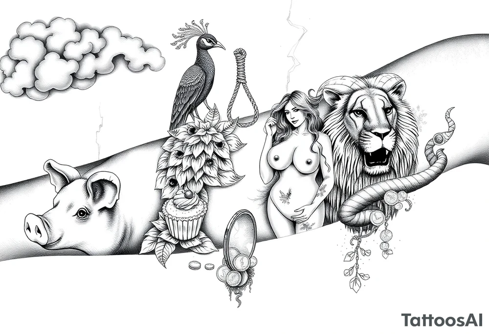 Storm clouds, pig, peacock , fat sexy naked fat woman, cupcakes, noose , money, goat, lion, man and girl having sex, cigerette, drugs, coins, storm lightening, killing, darkness, mirror tattoo idea