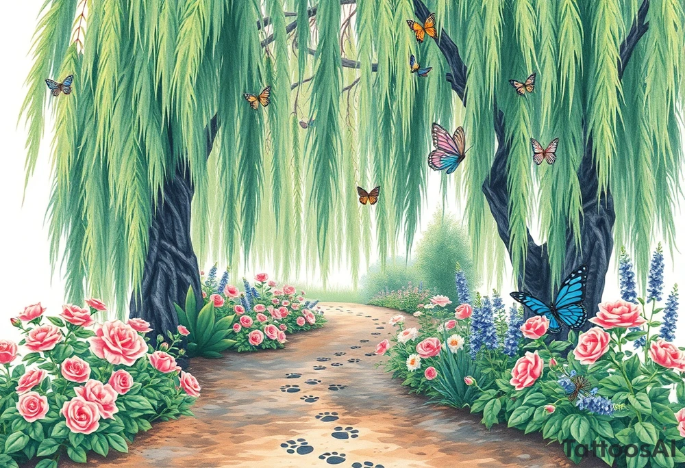 weeping willow garden with roses and liles flower beds. fantasy creatures, fairies, mermiads, dragons butterflies,  cat paw prints path in dirt. tattoo idea