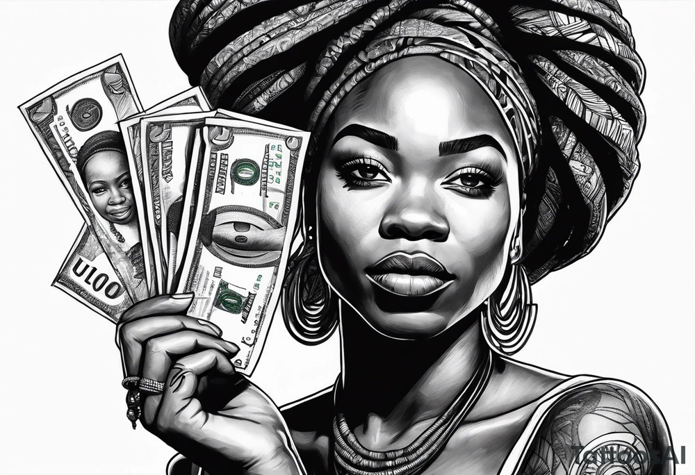 african woman with dreadlocks and money tattoo idea