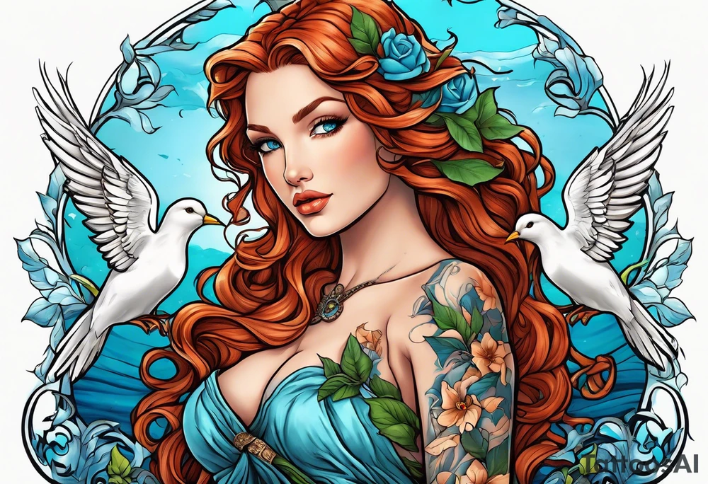 Aphrodite with auburn hair and ocean-blue eyes surrounded with doves and poison ivy tattoo idea