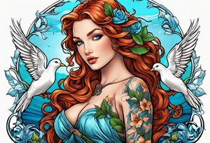 Aphrodite with auburn hair and ocean-blue eyes surrounded with doves and poison ivy tattoo idea