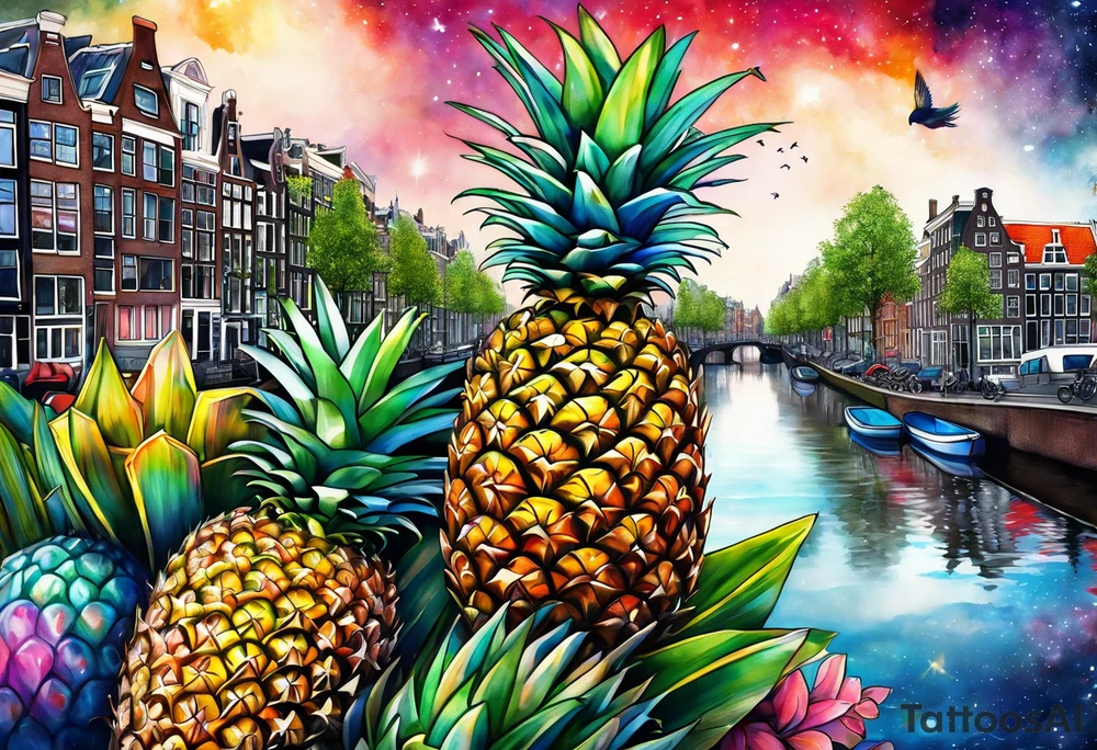Wildlife in Amsterdam, Amsterdam buildings, Amsterdam canal, pineapples, pineapple trees, space, galaxy, galaxy colours tattoo idea