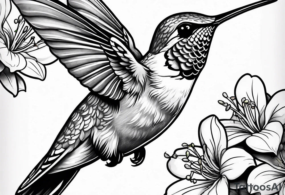 Hummingbird eating from azalea flowers tattoo idea