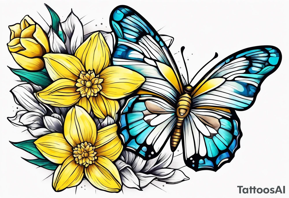 Butterfly, star and daffodils, aster flower tattoo idea