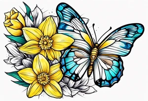 Butterfly, star and daffodils, aster flower tattoo idea