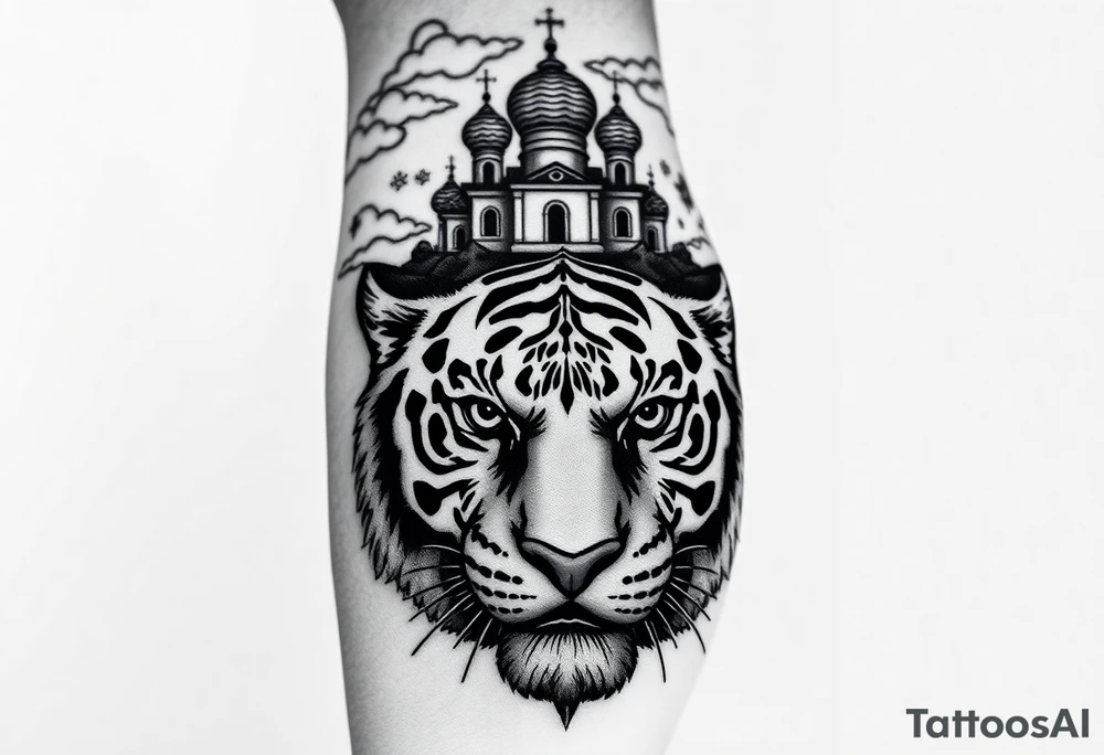 Realistic tiger face on the back of the hand with its eyes ALL black and no pupils, sitting beneath a Russian Orthodox cathedral sitting above on the top fore arm with onion domes and orthodox crosses. with clouds above and a virgin mary tattoo idea