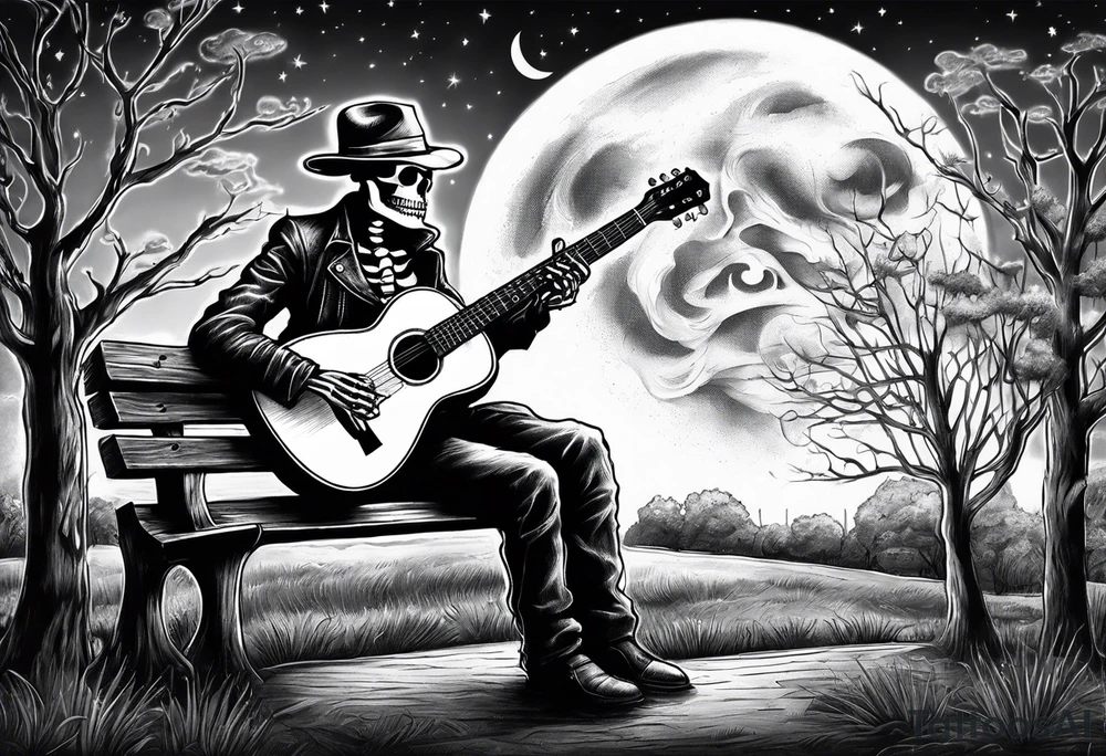 peaceful skeleton sitting on a park bench playing acoustic guitar on a cloudy night with a large full moon tattoo idea