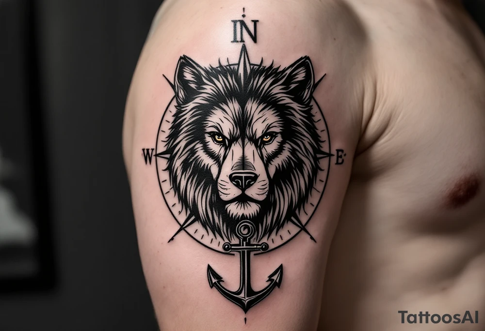 1/3wolf 1/3bear 1/3 lion surrounded by a compass with a small anchor on bottom. for sleeve tattoo idea