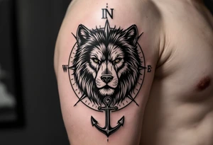 1/3wolf 1/3bear 1/3 lion surrounded by a compass with a small anchor on bottom. for sleeve tattoo idea