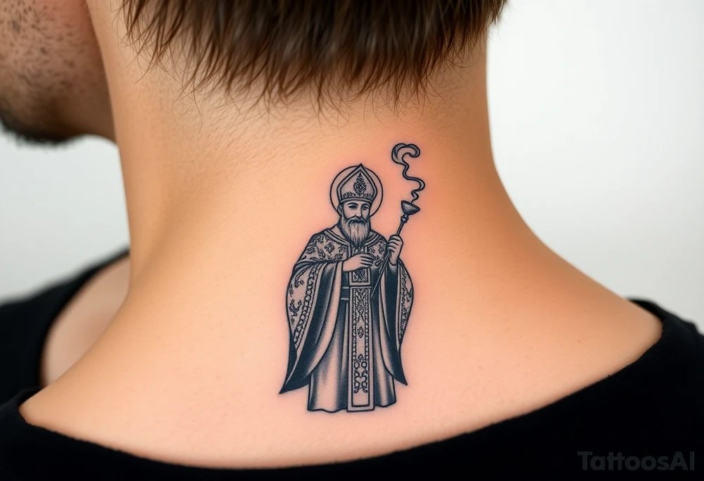 Russian Orthodox Priest in a fully detailed gold vestment swinging a censer with smoke curling upward tattoo idea