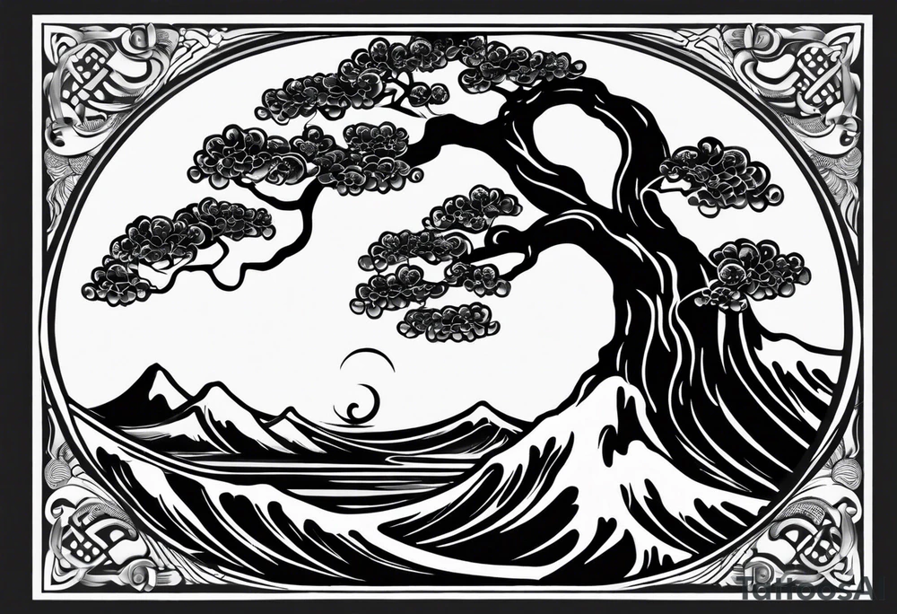 an abstract Tree of life tattoo design. Black and white. It should have roots growing out of the bottom. The roots slowly transform into water waves from the great wave by Hokusai. A golf ball should be placed discreetly. Like in the place of a moon. 2 license plate tags should be hanging from the tree. Place a few music notes. The letters A U should be engraved into the tree trunk in a heart tattoo idea