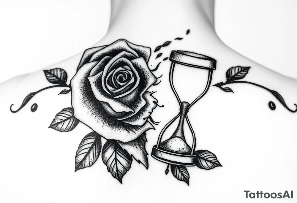 Arose in the shape of a heart with pieces of the Rose blowing away in the wind and the other half an hourglass with the sand out of time black and white feminine realistic for the top of my shoulder 
Shouldernot my back on my shoulder tattoo idea