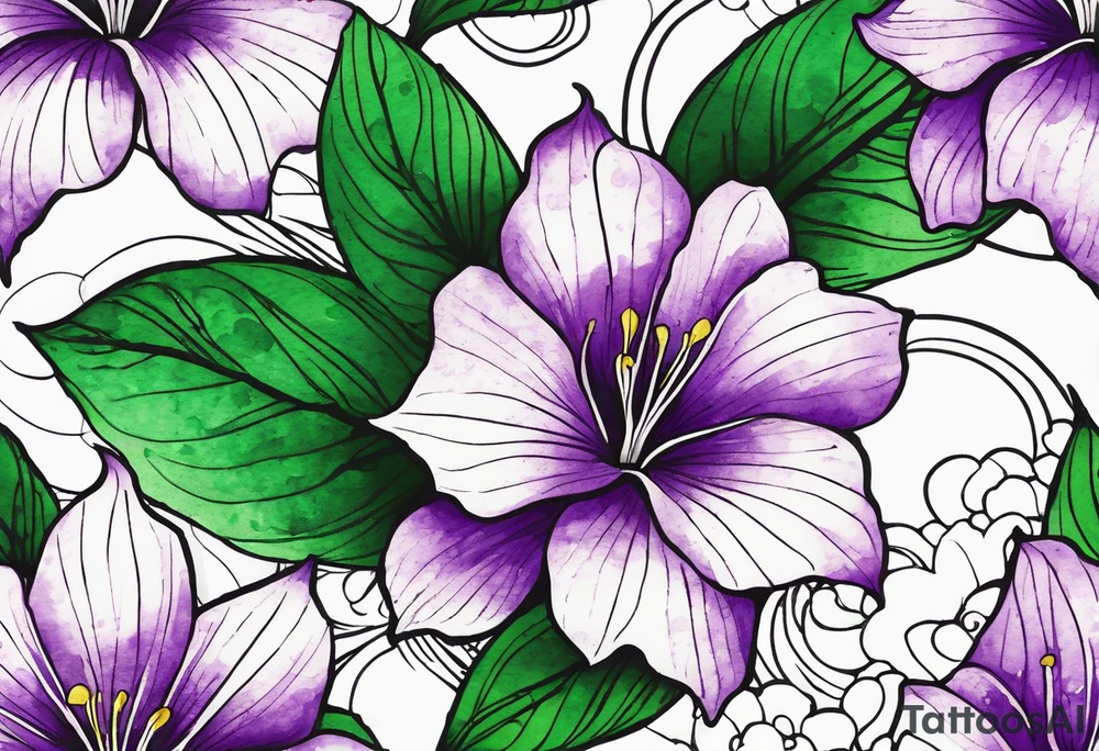 A mystical outline of a green and purple rio dipladenia flower and a green and purple watercolor splash in the background tattoo idea