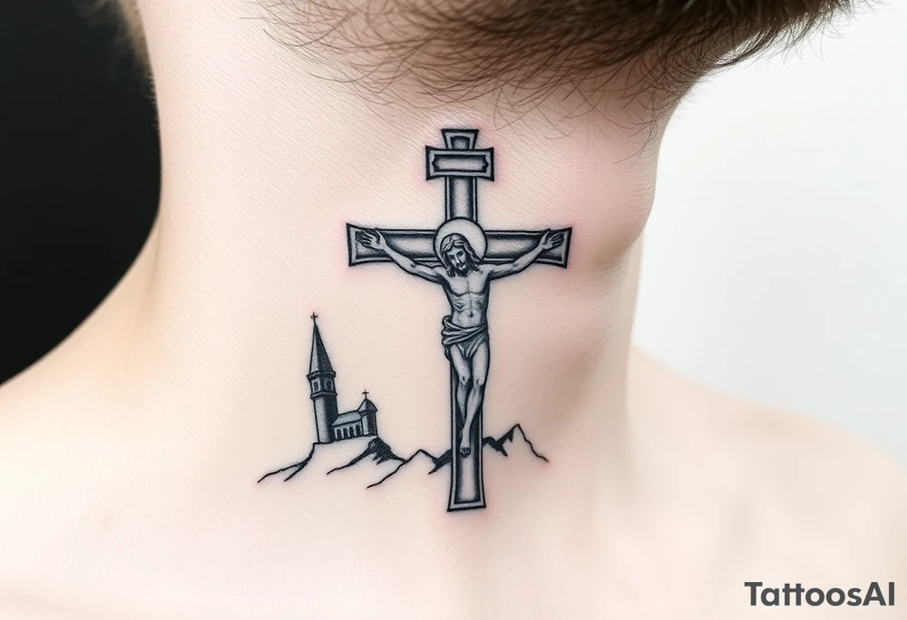 Traditional orthodox ICXC Christian cross with the small horizontal bar at the top with a plaque titulus, the central longest horizontal bar with Jesus Christ on the cross also with the slanted part of the cross where christs feet were nailed in a Russian wilderness Kremlin setting tattoo idea