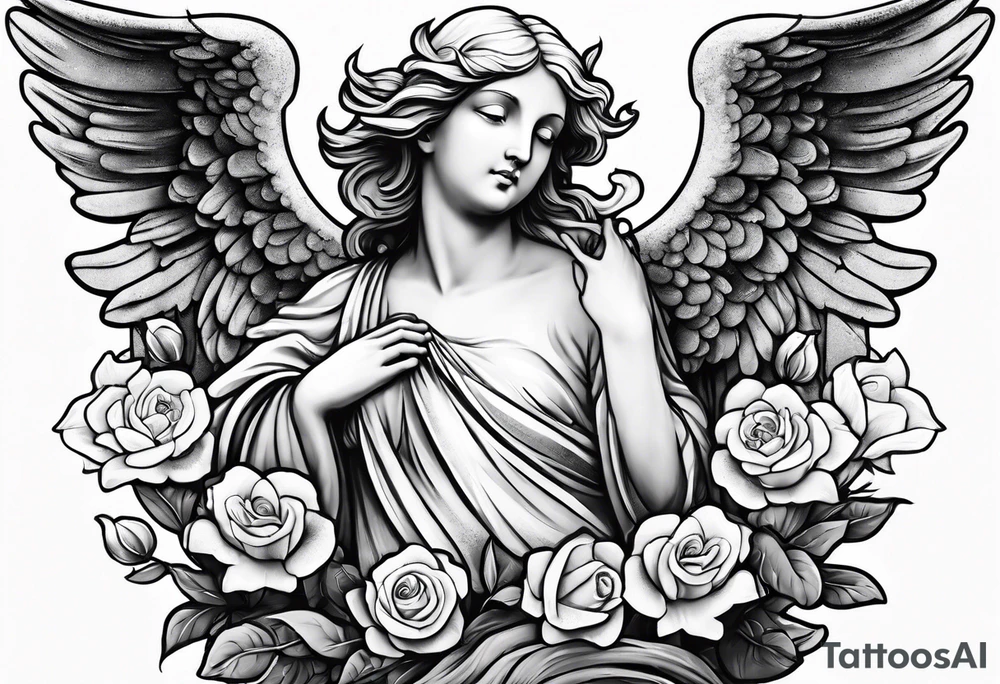 Simple Angel statue stood on a rock with daffodils and roses wrapped around its legs tattoo idea
