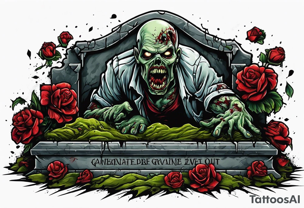 Zombie crawling out of grave. 
MIW Reincarnate written on gravestone tattoo idea