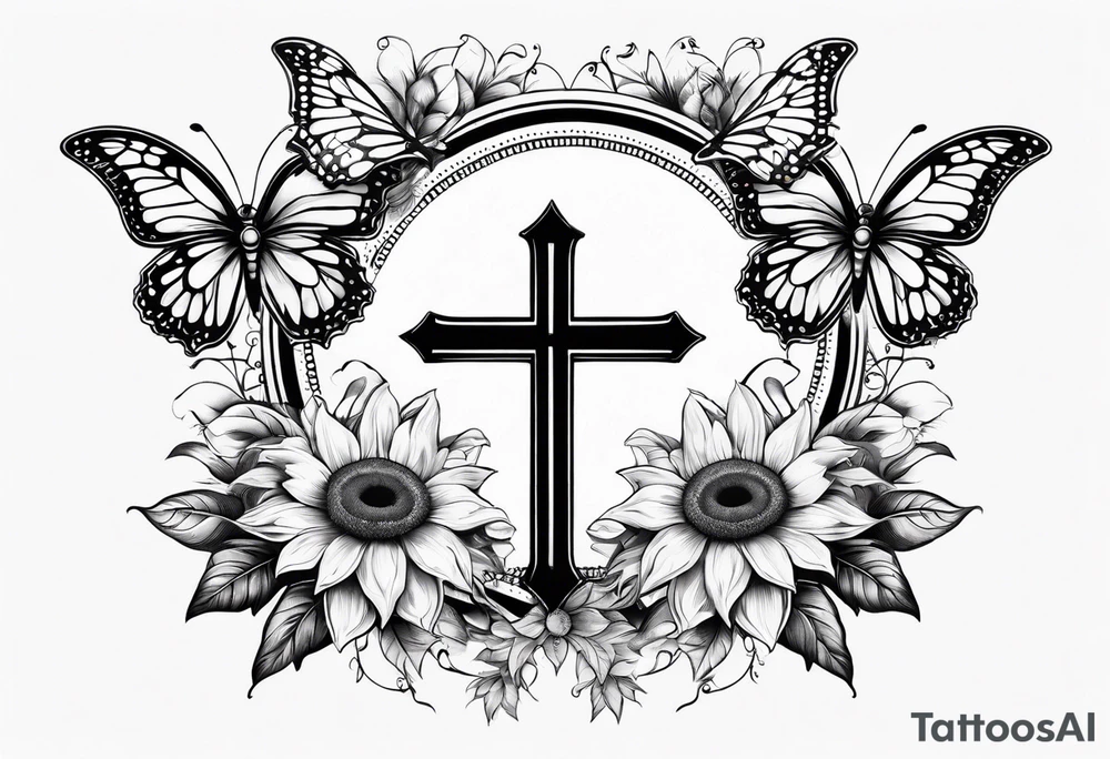 Arm sleeve with Winged cross with sunflower and butterflies tattoo idea