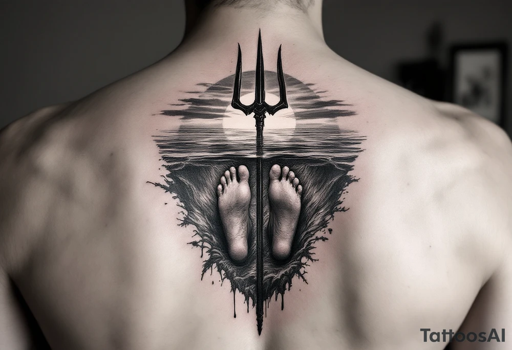 barefeet behind trident half way under water and sunset tattoo idea