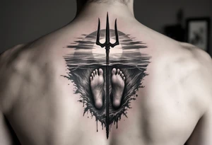 barefeet behind trident half way under water and sunset tattoo idea