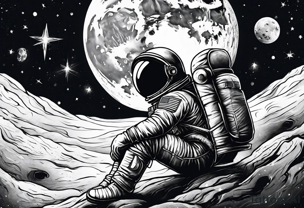 Kid Astronaut sitting on the moon reaching for the stars tattoo idea