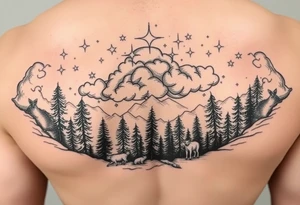 stars in the cloud with a stormy view with a forrest with animals tattoo idea