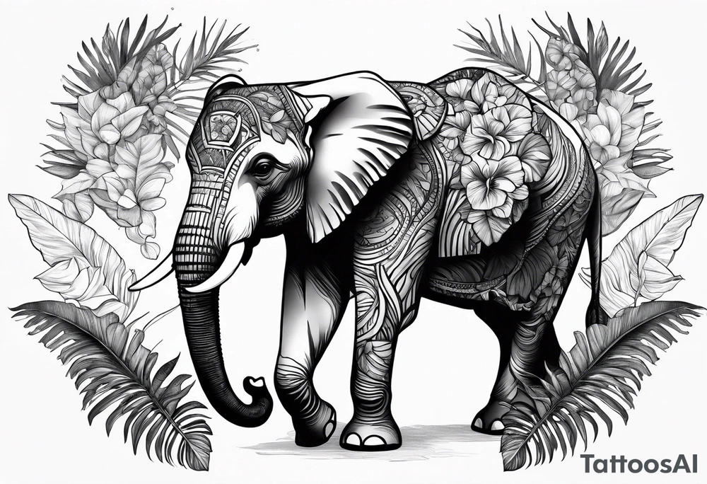 “A majestic elephant with its trunk raised, surrounded by tropical foliage, symbolizing memory and strength tattoo idea