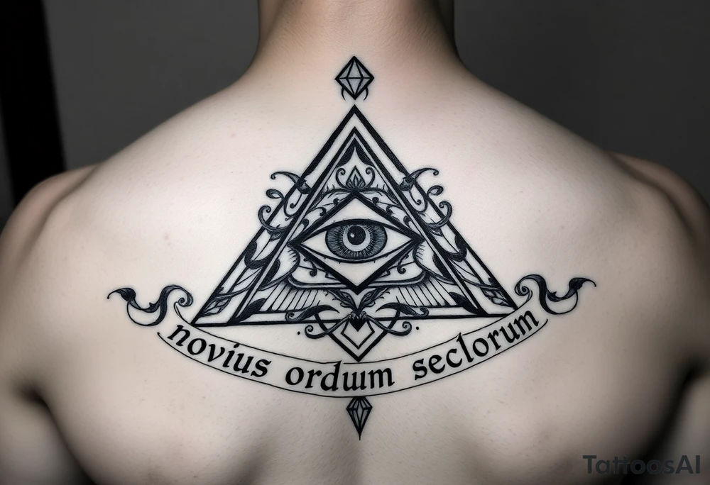 Pyramid with eye in the center, diamond on the top,surrounded by words - novus ordum seclorum tattoo idea