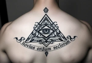 Pyramid with eye in the center, diamond on the top,surrounded by words - novus ordum seclorum tattoo idea