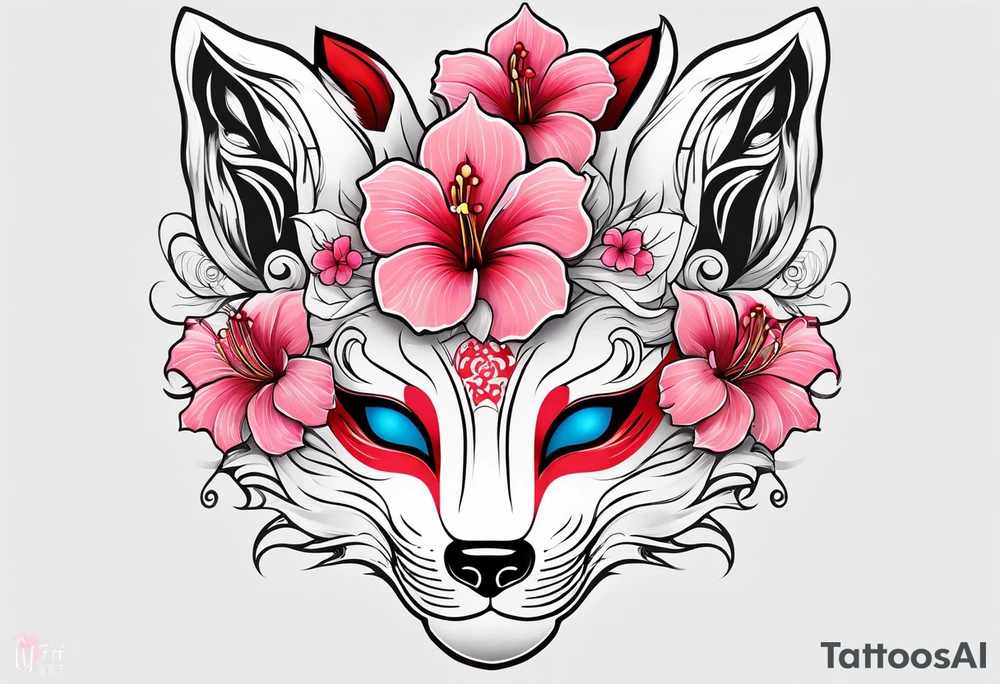White kitsune Japanese mask with red accents and pink hibiscus flowers tattoo idea