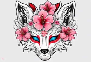 White kitsune Japanese mask with red accents and pink hibiscus flowers tattoo idea