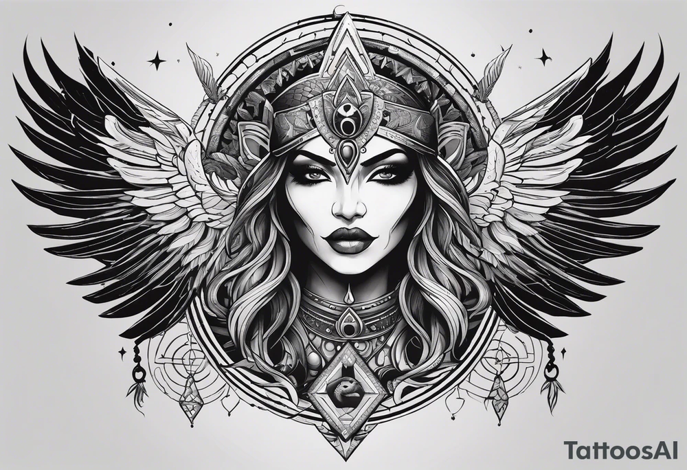 black kali, goddess pirate, alien, pachamama, valkrye, warrior, skull, lotus azul, wing, eagle, zenza resonance, stars, 5D, anahata chakra tattoo idea