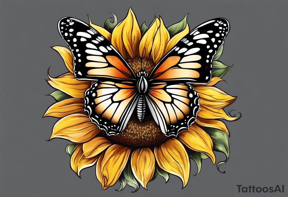 Butterfly sitting on a sunflower in owls body tattoo idea
