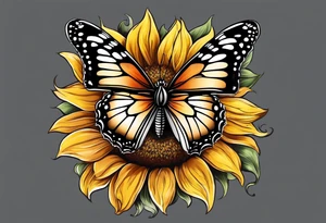 Butterfly sitting on a sunflower in owls body tattoo idea
