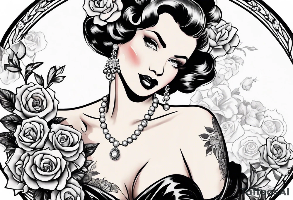 1950s pinup pumps with flowers, pearl necklaces, bows, and lace tattoo idea