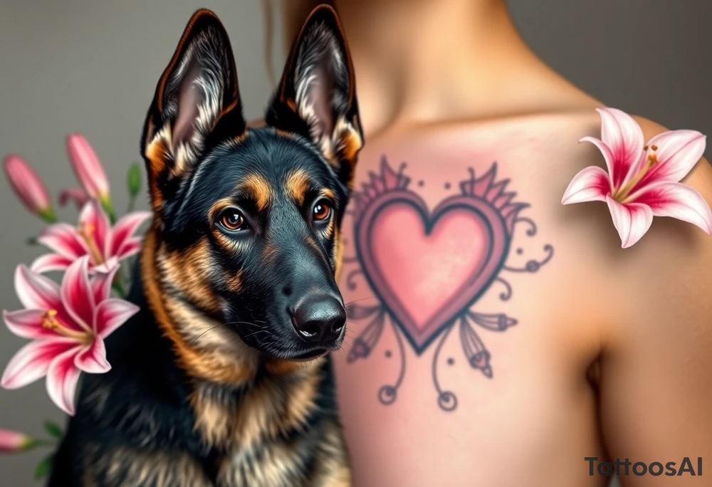 realistic german shepherd with alert ears looking protective surrounded by pink lilies with leaves in front of a sacred heart tattoo idea