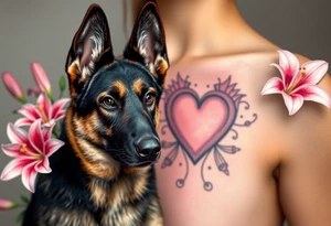 realistic german shepherd with alert ears looking protective surrounded by pink lilies with leaves in front of a sacred heart tattoo idea