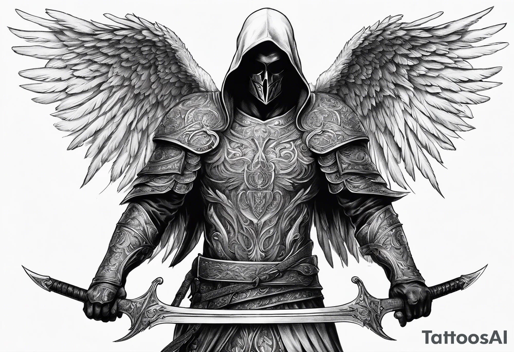 realistic angel of death, man, full body, no face visible, holding one sword, sword pointing downwards tattoo idea
