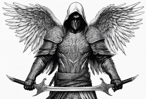 realistic angel of death, man, full body, no face visible, holding one sword, sword pointing downwards tattoo idea