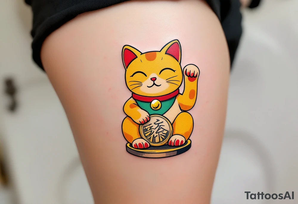 A golden maneki-neko (beckoning cat) with a red collar and green bib, sitting on a coin. tattoo idea