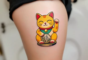 A golden maneki-neko (beckoning cat) with a red collar and green bib, sitting on a coin. tattoo idea